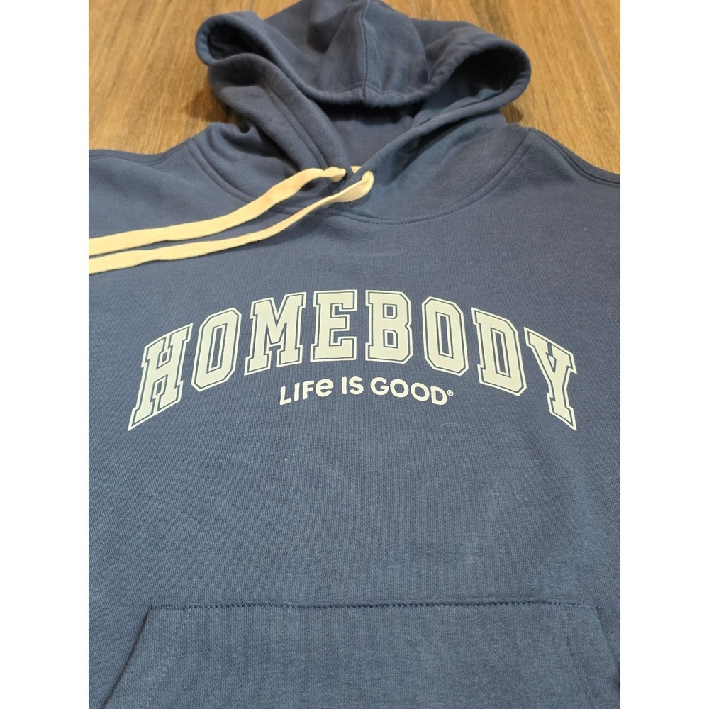 Life is Good Womens Homebody Graphic Hoodie Blue Fleece Sweatshirt Small NWT